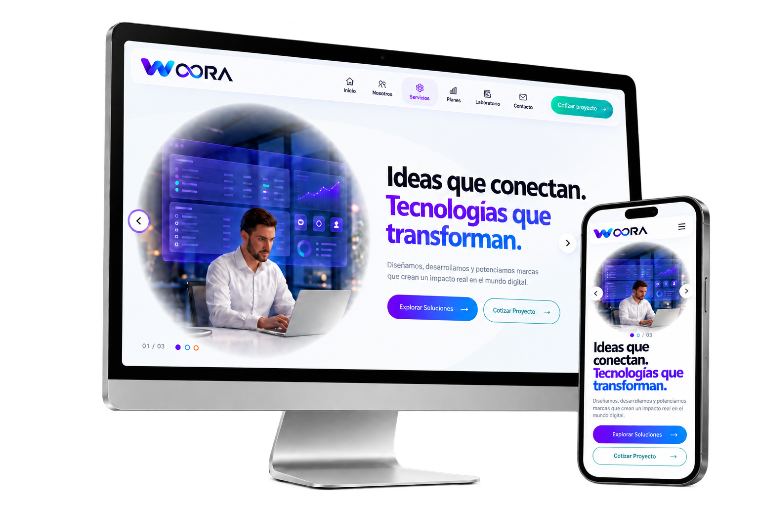 Página web de WOORA en un monitor y un celular